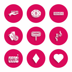 Set Casino signboard, Playing card with diamonds symbol, heart, chips exchange stacks of dollars, Slot machine, cards and glass whiskey ice cubes, Deck playing and Hand holding deck icon. Vector