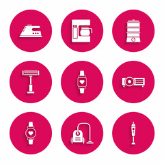 Set Smart watch showing heart beat rate, Vacuum cleaner, Blender, , Electric heater, Double boiler and iron icon. Vector