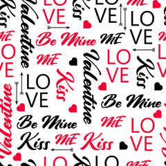 Vector seamless pattern Valentine day typography and hearts