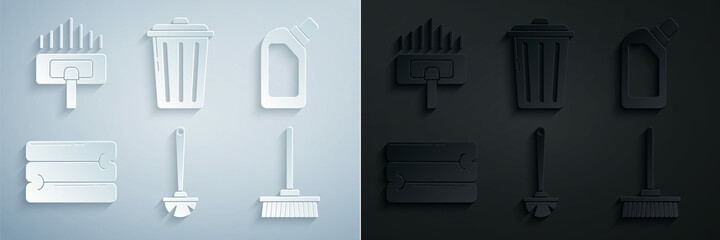 Set Toilet brush, Plastic bottles for liquid dishwashing liquid, Towel stack, Mop, Trash can and Vacuum cleaner icon. Vector