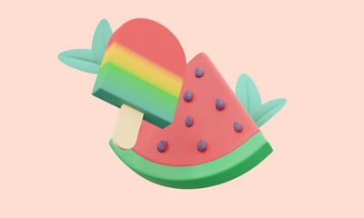 A slice of watermelon with ice cream on a stick. 3D rendering