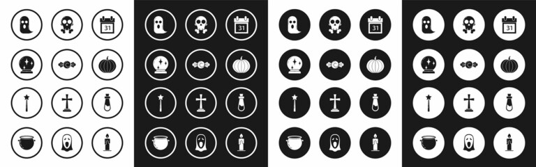 Set Calendar with Halloween date 31 october, Candy, Magic ball, Ghost, Pumpkin, Skull on crossbones, Bottle potion and wand icon. Vector