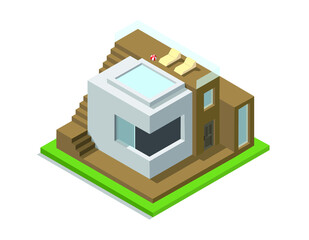 isometric house modern design miniature  vector. building with a pool on roof, minimalistic architecture design. isolated illustration for infographics