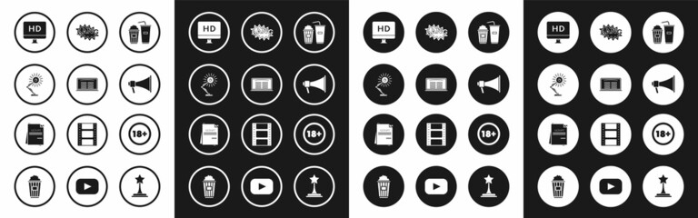 Set Popcorn and soda drink glass, Table lamp, Computer PC monitor with HD video technology, Megaphone, Bang boom text speech bubble balloon, Under 18 years and Scenario icon. Vector