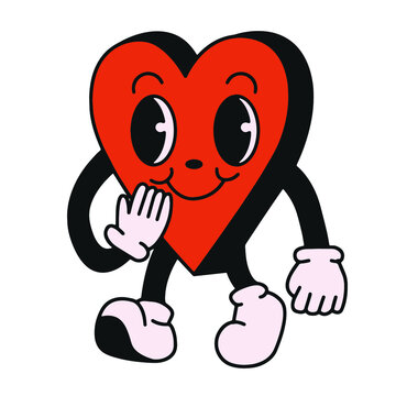Heart mascot retro cartoon character style. walking cute cartoon mascot for valentines day greeting cards, love cartoon
