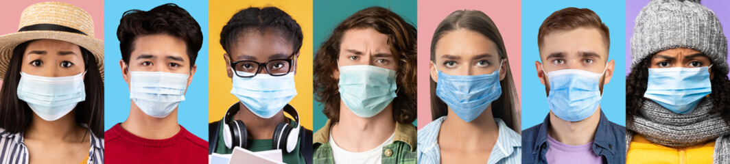 Various people faces in medical masks, collection of portraits, panorama