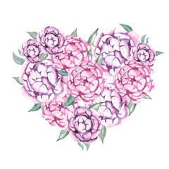 Watercolor heart of peonies for Valentine's day on a white background