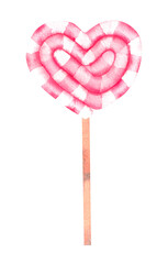 Watercolor heart-shaped lollipop for Valentine's Day on a white background