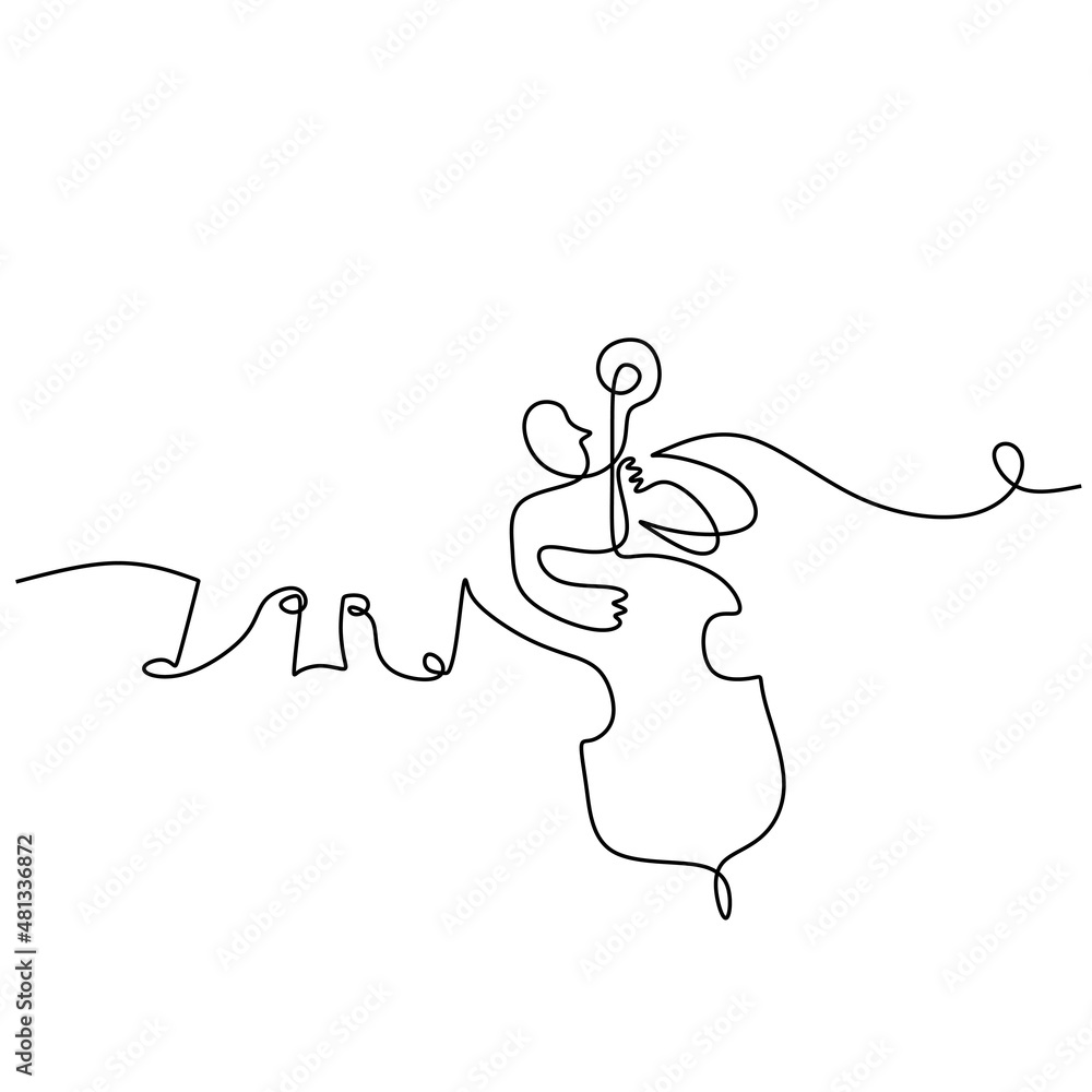 Poster one single continuous line of man playing violin with music notes isolated on white background.