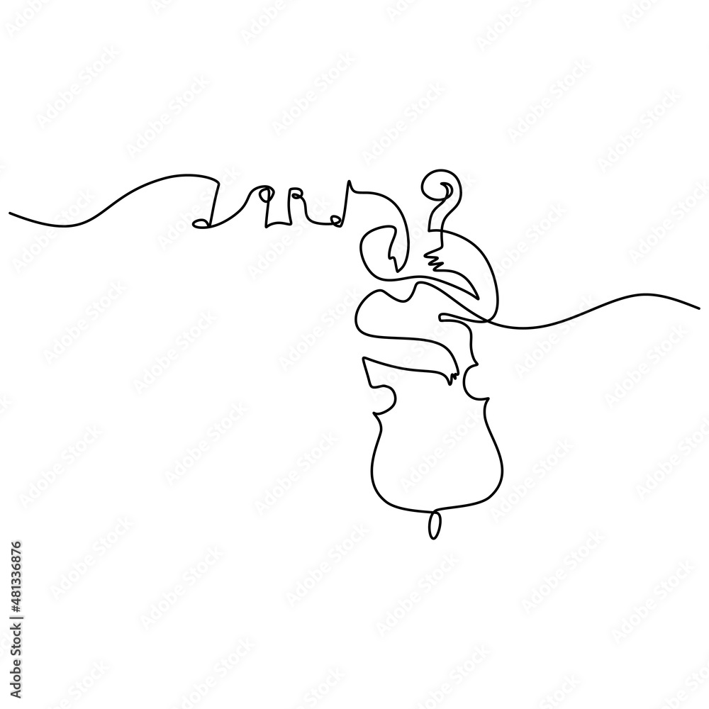 Poster one single continuous line of man playing violin with music notes isolated on white background.