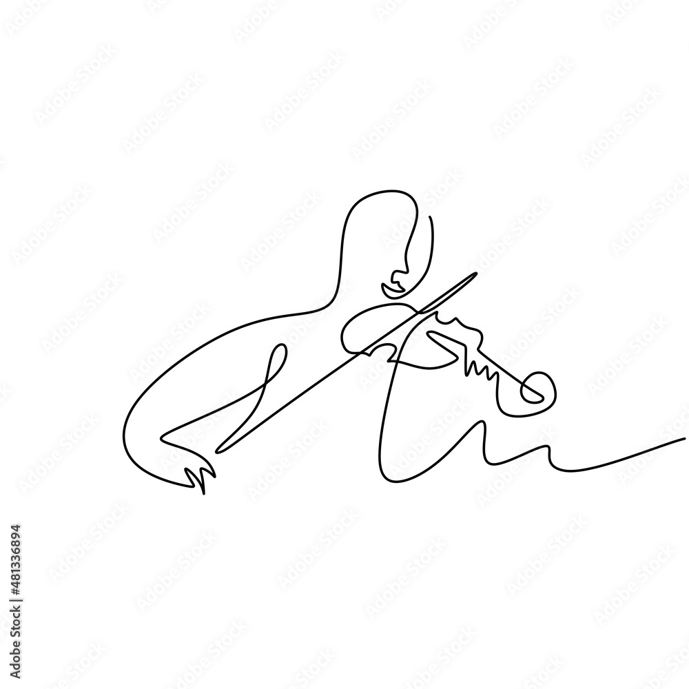 Poster one single continuous line of abstract man playing violin with music notes isolated on white backgro