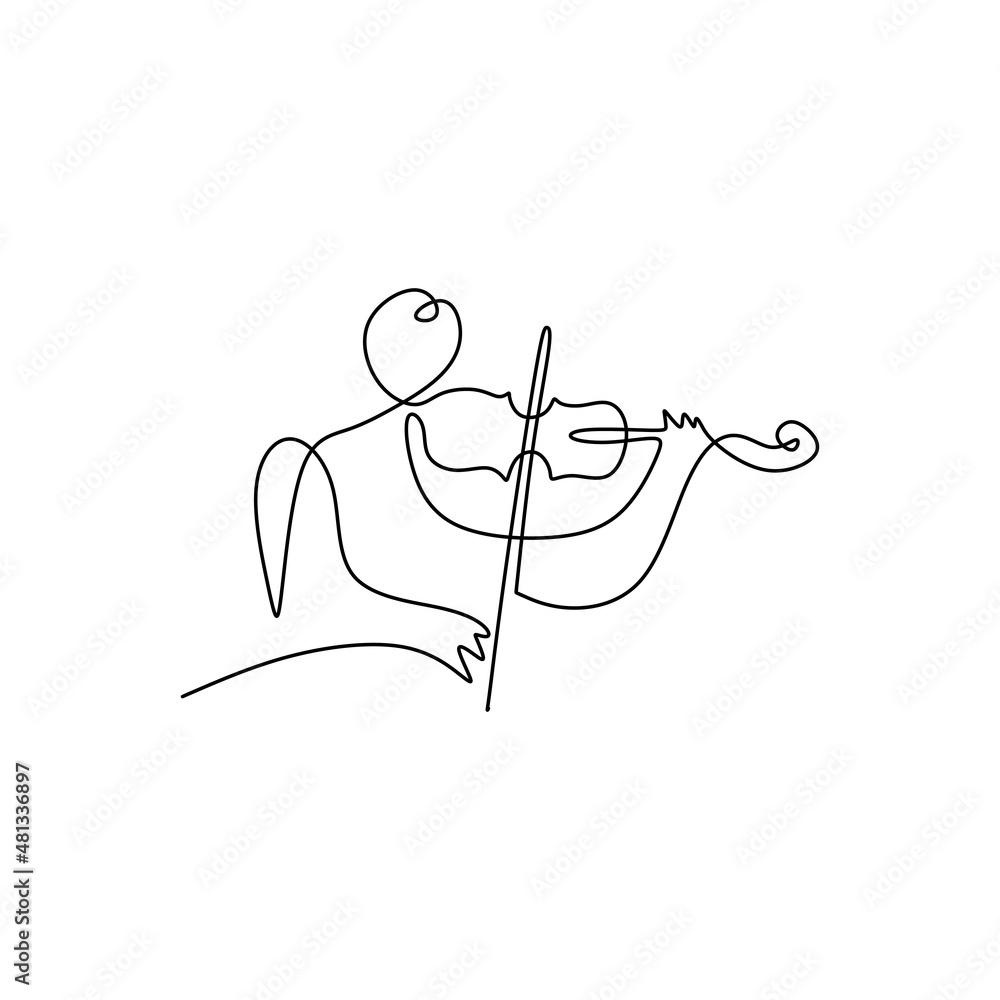 Poster one single continuous line of abstract man playing violin with music notes isolated on white backgro