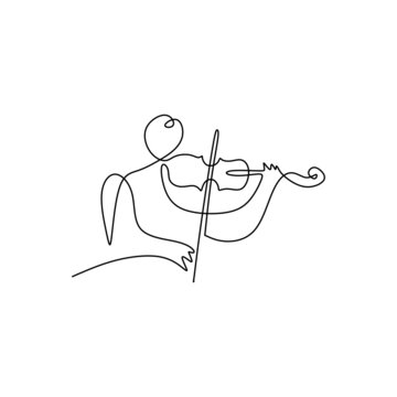One single continuous line of abstract man playing violin with music notes isolated on white background.