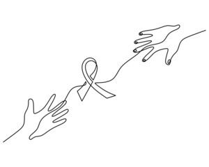 One single continuous line of two hands and ribbon for world cancer day isolated on white background.