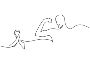 One single continuous line of sportsman and ribbon for world cancer day isolated on white background.