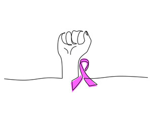 One single continuous line of clench hand and purple ribbon for world cancer day isolated on white background.