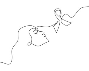 One single continuous line of girl head and ribbon isolated on white background.