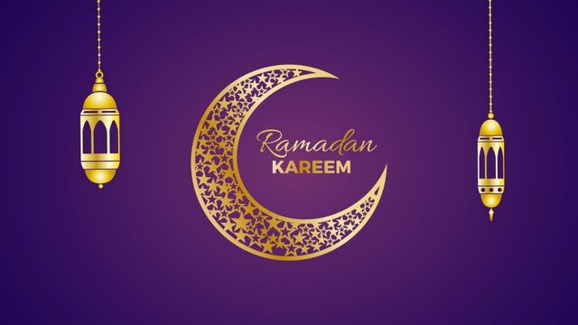 Background for Ramadan Kareem with hanging candle lanterns,  moon and text. Animated illustration on purple