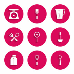 Set Frying pan, Spatula, Spoon, Kitchen ladle, Paper package for milk, Crossed fork and spoon, Measuring cup and Scales icon. Vector