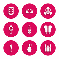 Set Military dog tag, Hand grenade, Bullet, Binoculars, knife, Human target sport for shooting, Gas mask and rank icon. Vector