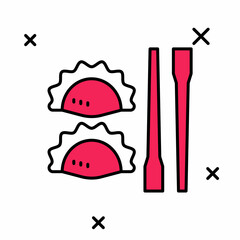 Filled outline Dumpling with chopsticks icon isolated on white background. Traditional chinese dish. Vector