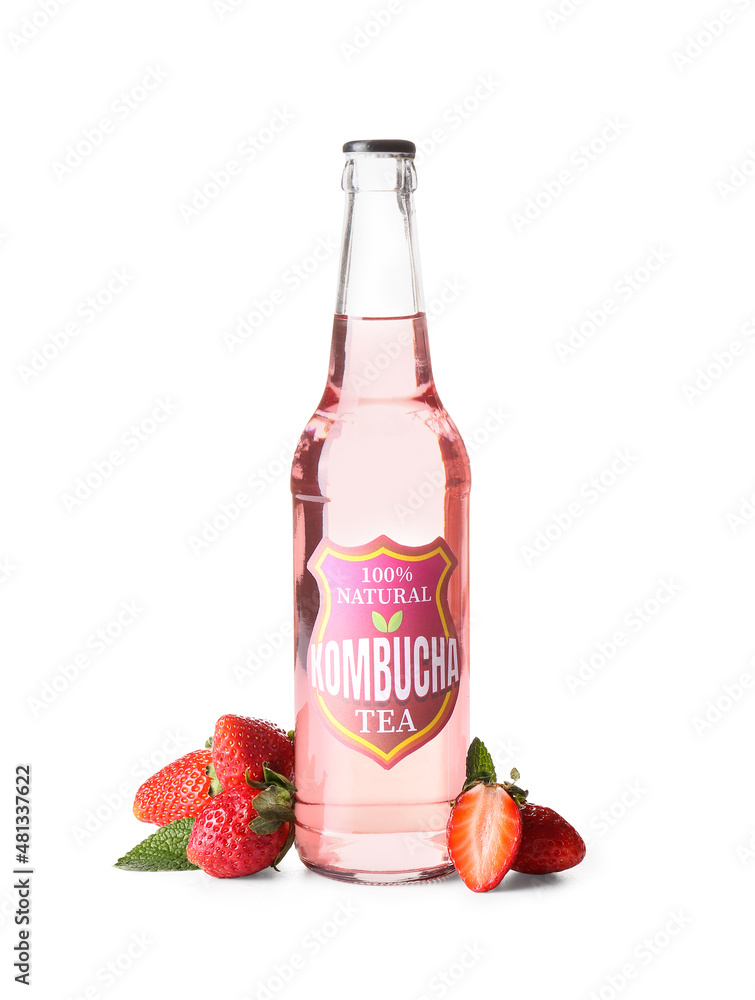 Wall mural bottle of tasty strawberry kombucha on white background