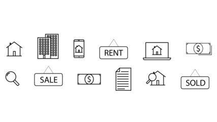 Set of Real Estate web icons in line style. Rent, building, agent, house, auction, realtor. Vector illustration