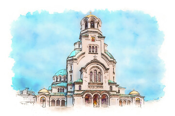 Obraz premium Alexander Nevsky Cathedral in Sofia, Bulgaria, watercolor sketch illustration.