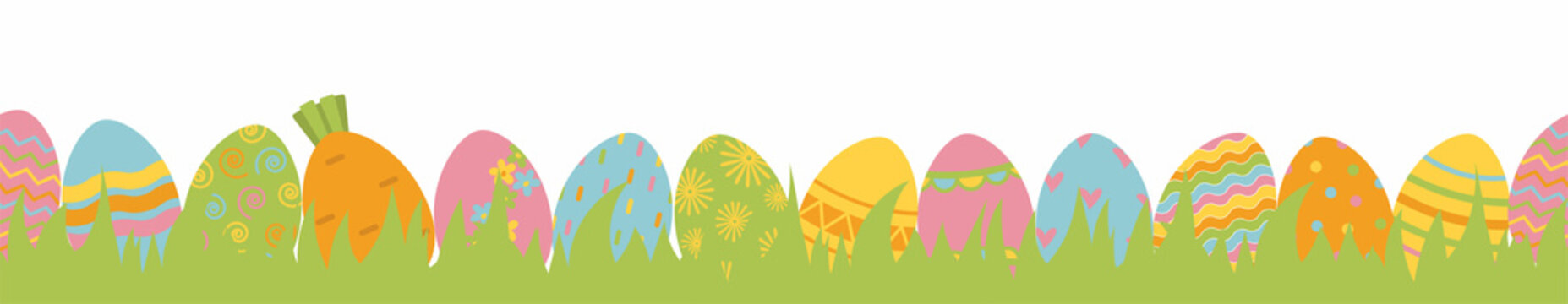 Easter eggs on meadow on background banner transparent. Modern Easter horizontal seamless pattern with colorful eggs. Few ornamental eggs lying on green grass. Template Easter greeting card, vector.