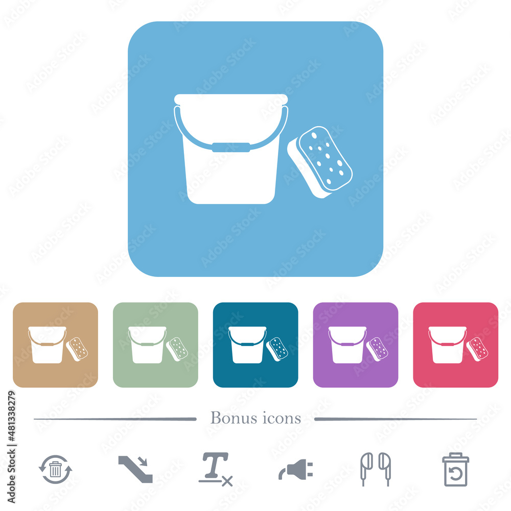 Poster bucket and sponge flat icons on color rounded square backgrounds