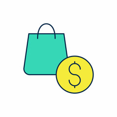 Filled outline Shopping bag and dollar icon isolated on white background. Handbag sign. Woman bag icon. Female handbag sign. Vector