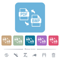 PDF BMP file conversion flat icons on color rounded square backgrounds