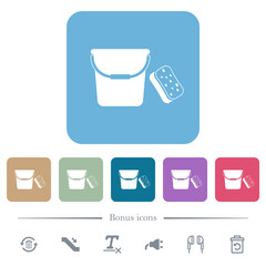 Bucket and sponge flat icons on color rounded square backgrounds