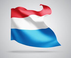 Luxembourg, vector flag with waves and bends waving in the wind on a white background.