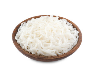 Wooden bowl of tasty cooked rice noodles isolated on white