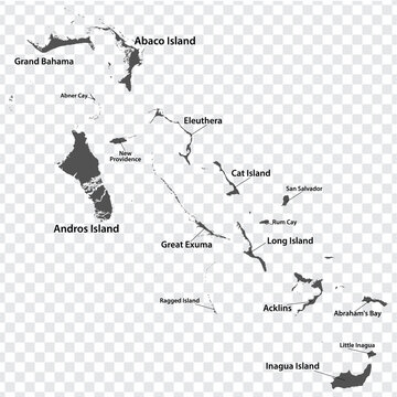 Blank map Bahamas in gray. Every Island map is with titles. High quality map of Bahamas Islands with districts on transparent background for your  design.  EPS10.