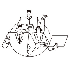 Vector illustrations of a successful man in a suit, a man with a book, and a woman manipulating a notebook.