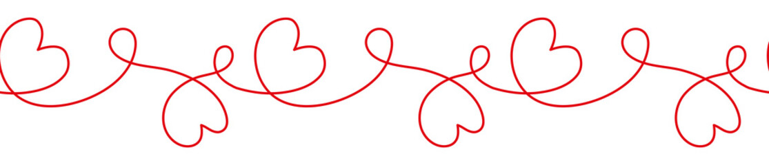 Continuous one line drawing ornament of hearts. Happy Valentines Day graphic horizontal border frame background. Romantic love doodle vector decoration element. Seamless pattern design
