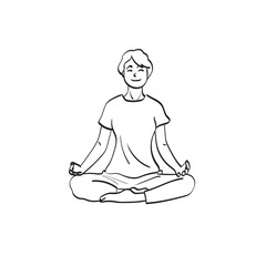 woman practices yoga and meditates in the lotus position illustration vector hand drawn isolated on white background line art.