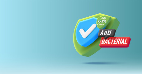 Anti bacterial lebel, 3d illustration of isometric shield with protection sign