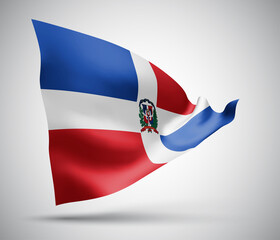 Dominican Republic, vector flag with waves and bends waving in the wind on a white background.