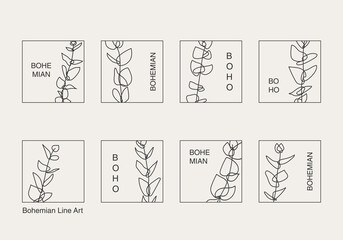 Minimalist botanical line art plant with leaves abstract collage