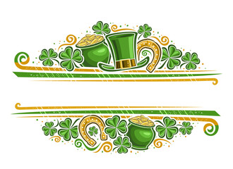 Fototapeta Vector Border for St Patrick's Day with copy space for text, horizontal template with illustration of shamrock leaves, leprechaun top hat, decorative flourishes for st patricks day on white background obraz