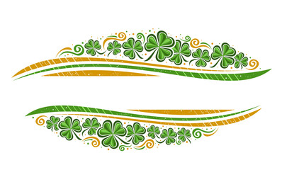 Vector Border for St Patrick's Day with copyspace for text, horizontal template with illustration of shamrock leaves and decorative flourishes, floral concept for st patricks day on white background