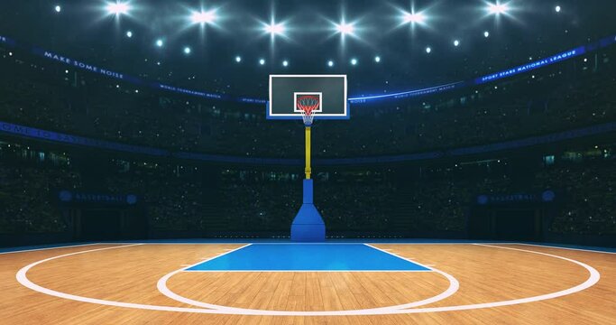 Spotlights shining above the basketball court and basket front view. Sport arena lighting up in 4k background animation.