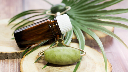 Jade roller facial massager and palm branch
