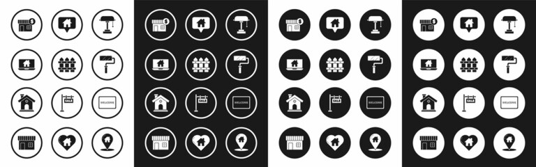 Set Table lamp, Garden fence wooden, Laptop and smart home, House with dollar symbol, Paint roller brush, Map pointer house, Doormat the text Welcome and icon. Vector