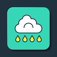 Filled outline Cloud with rain icon isolated on blue background. Rain cloud precipitation with rain drops. Turquoise square button. Vector