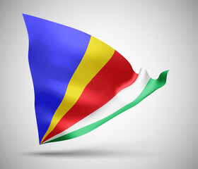 Seychelles, vector flag with waves and bends waving in the wind on a white background.