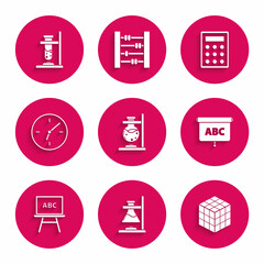 Set Glass test tube flask on fire, Rubik cube, Chalkboard, Clock, Calculator and icon. Vector